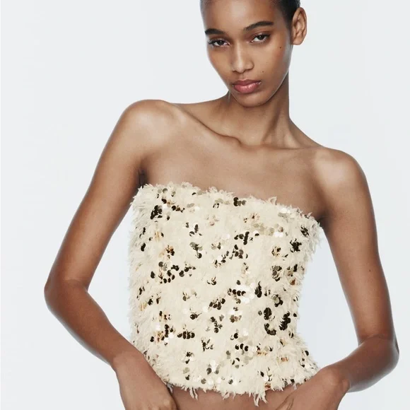 ZARA Sequin Feather Crop Top - Picture 1 of 11